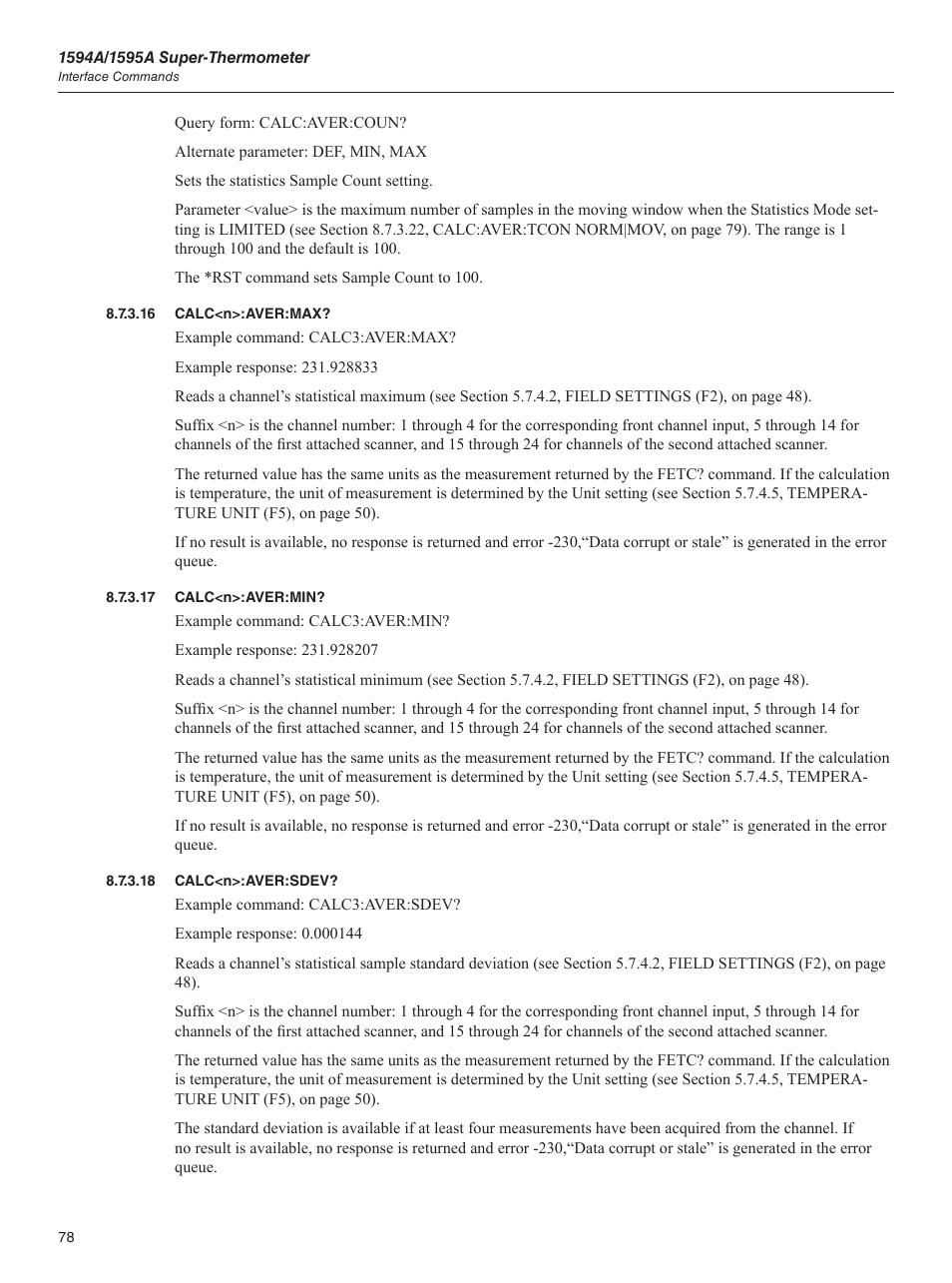 16 calc<n>:aver:max, 17 calc<n>:aver:min, 18 calc<n>:aver:sdev | Fluke 1595A User Manual | Page 88 / 130