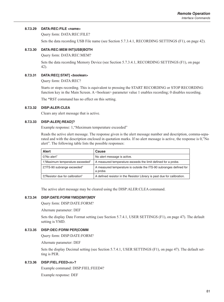 29 data:rec:file <name, 30 data:rec:mem int|usb|both, 31 data:rec[:stat] <boolean | 32 disp:aler:clea, 33 disp:aler[:read, 34 disp:date:form ymd|dmy|mdy, 35 disp:dec:form per|comm, 36 disp:fiel:feed<n, Data:rec:file <name, Data:rec:mem int|usb|both | Fluke 1595A User Manual | Page 91 / 130