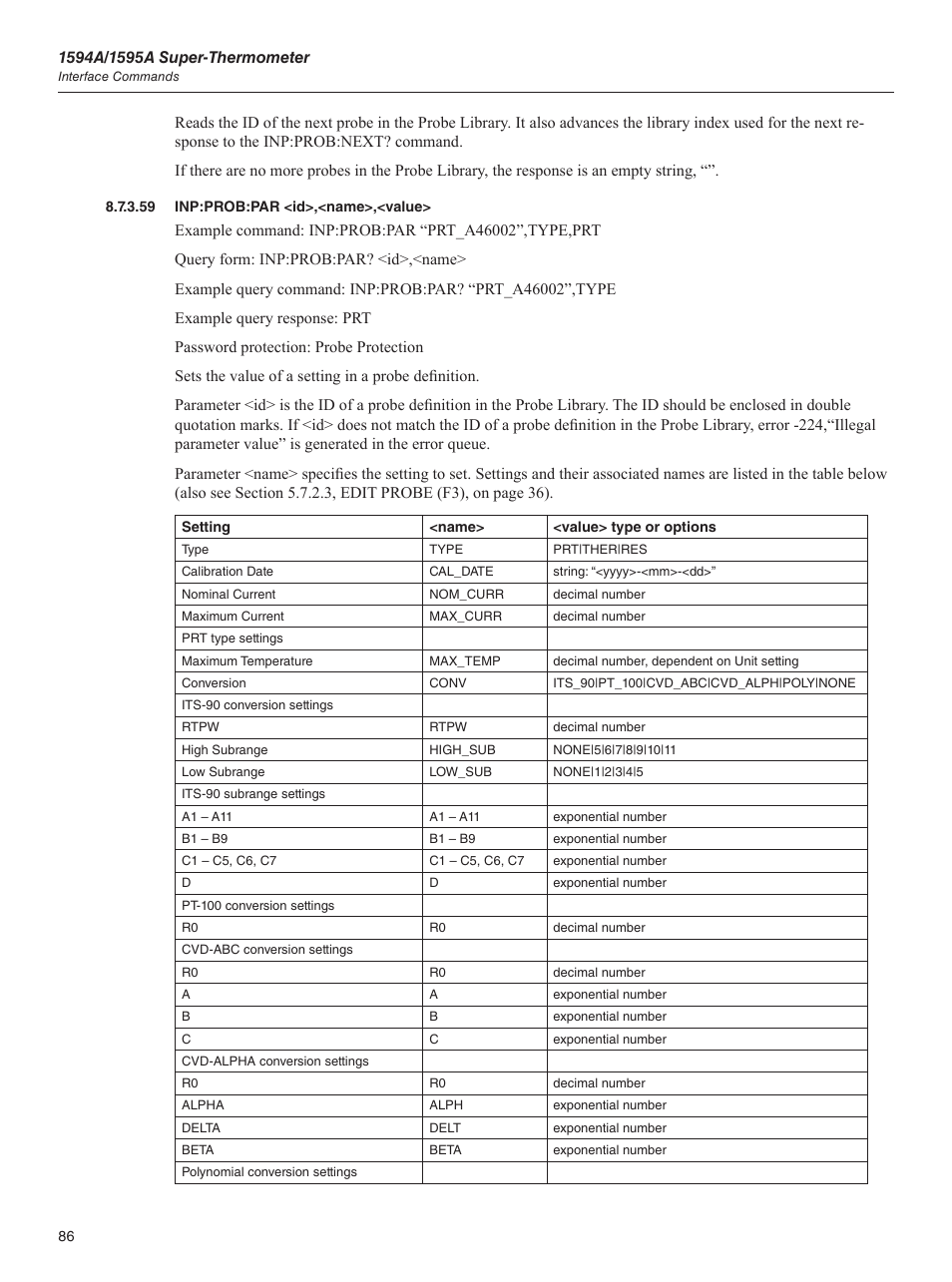 59 inp:prob:par <id>,<name>,<value, Inp:prob:par <id>,<name>,<value | Fluke 1595A User Manual | Page 96 / 130