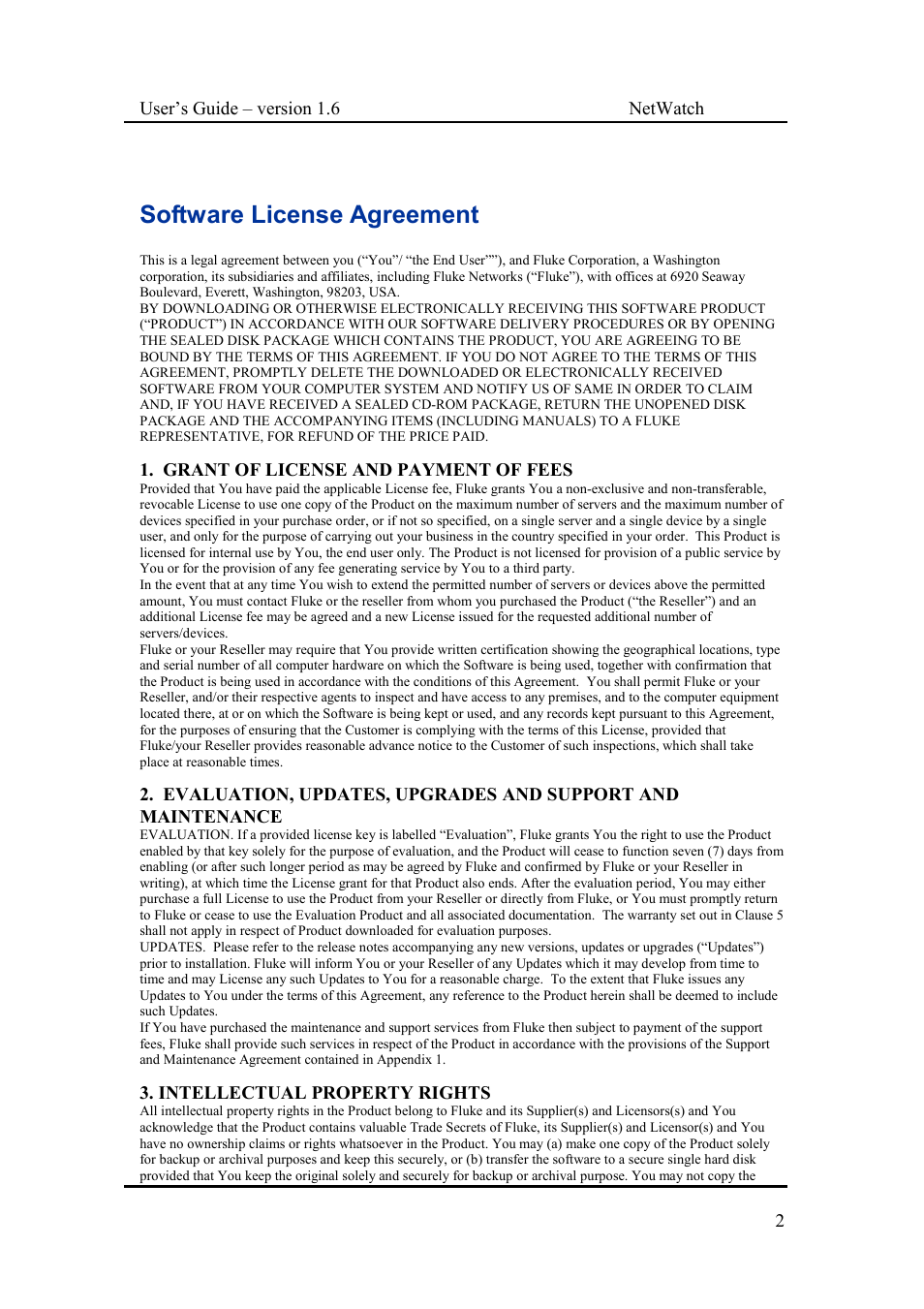 Software license agreement | Fluke Network Router User Manual | Page 2 / 49