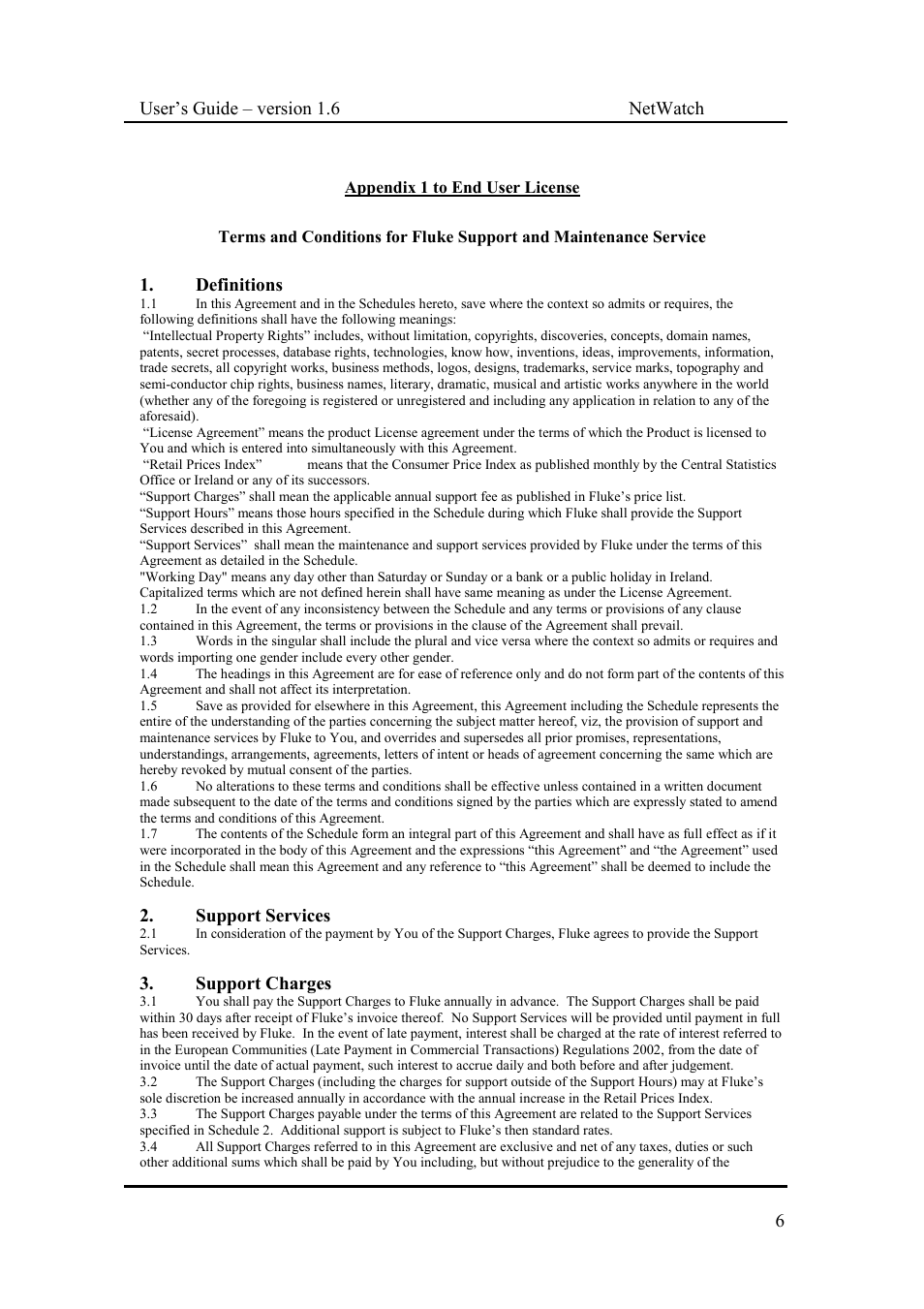 User’s guide – version 1.6 netwatch 6, Definitions, Support services | Support charges | Fluke Network Router User Manual | Page 6 / 49