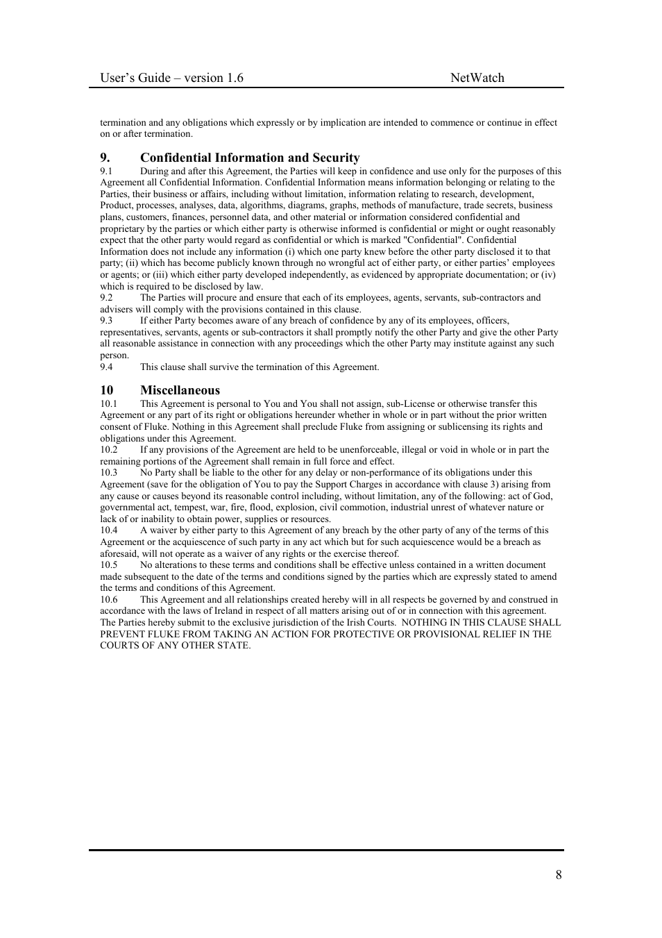 User’s guide – version 1.6 netwatch 8, Confidential information and security, 10 miscellaneous | Fluke Network Router User Manual | Page 8 / 49
