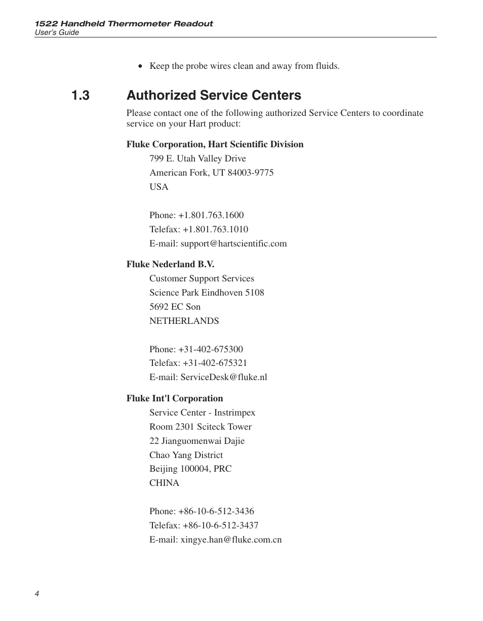 3 authorized service centers 4, Authorized service centers, 3 authorized service centers | Fluke 1522 User Manual | Page 10 / 60