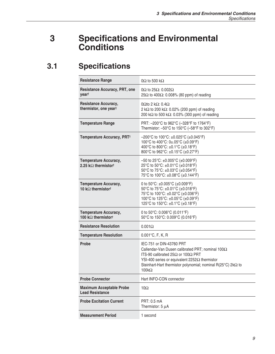 3 specifications and environmental conditions 9, 1 specifications 9, Specifications and environmental conditions | Specifications, 3specifications and environmental conditions, 1 specifications | Fluke 1522 User Manual | Page 13 / 60