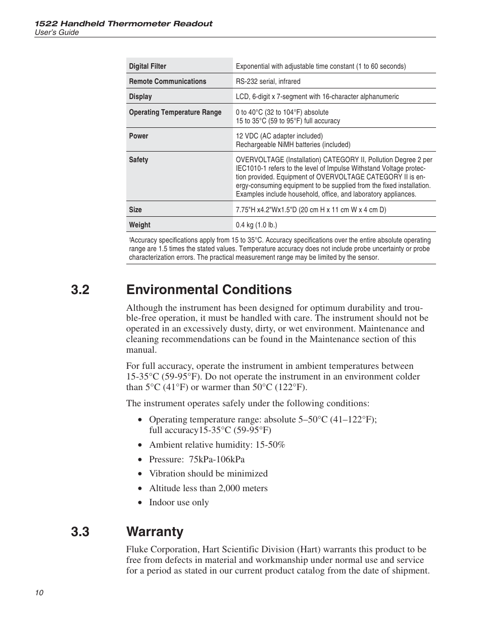 2 environmental conditions 10, 3 warranty 10, Environmental conditions | Warranty, 2 environmental conditions, 3 warranty | Fluke 1522 User Manual | Page 14 / 60