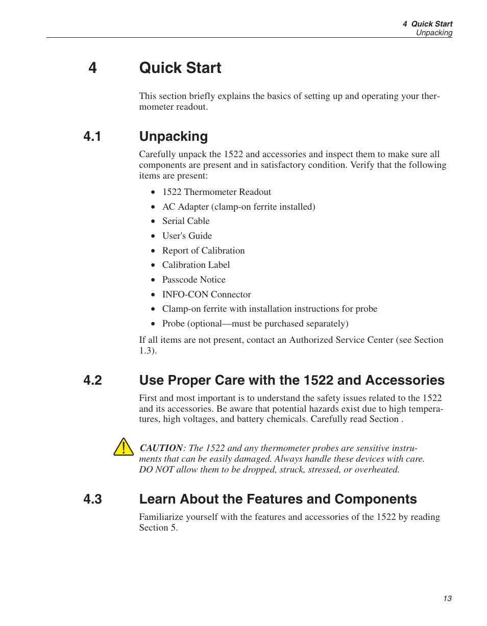 4 quick start 13, 1 unpacking 13, 2 use proper care with the 1522 and accessories 13 | 3 learn about the features and components 13, Quick start, Unpacking, Use proper care with the 1522 and accessories, Learn about the features and components, 4quick start, 1 unpacking | Fluke 1522 User Manual | Page 16 / 60