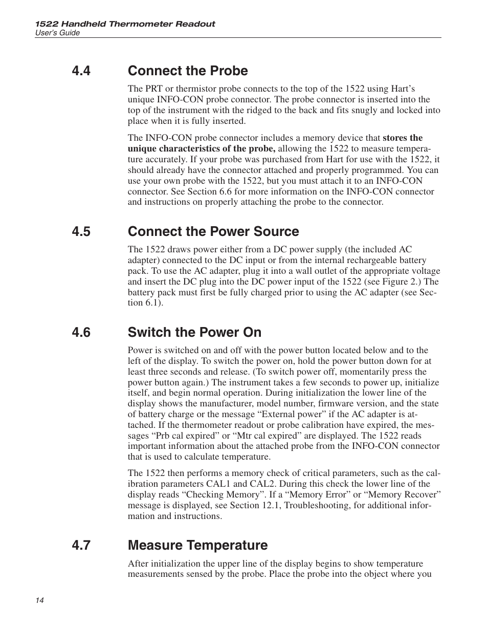 4 connect the probe 14, 5 connect the power source 14, 6 switch the power on 14 | 7 measure temperature 14, Connect the probe, Connect the power source, Switch the power on, Measure temperature, 4 connect the probe, 5 connect the power source | Fluke 1522 User Manual | Page 17 / 60