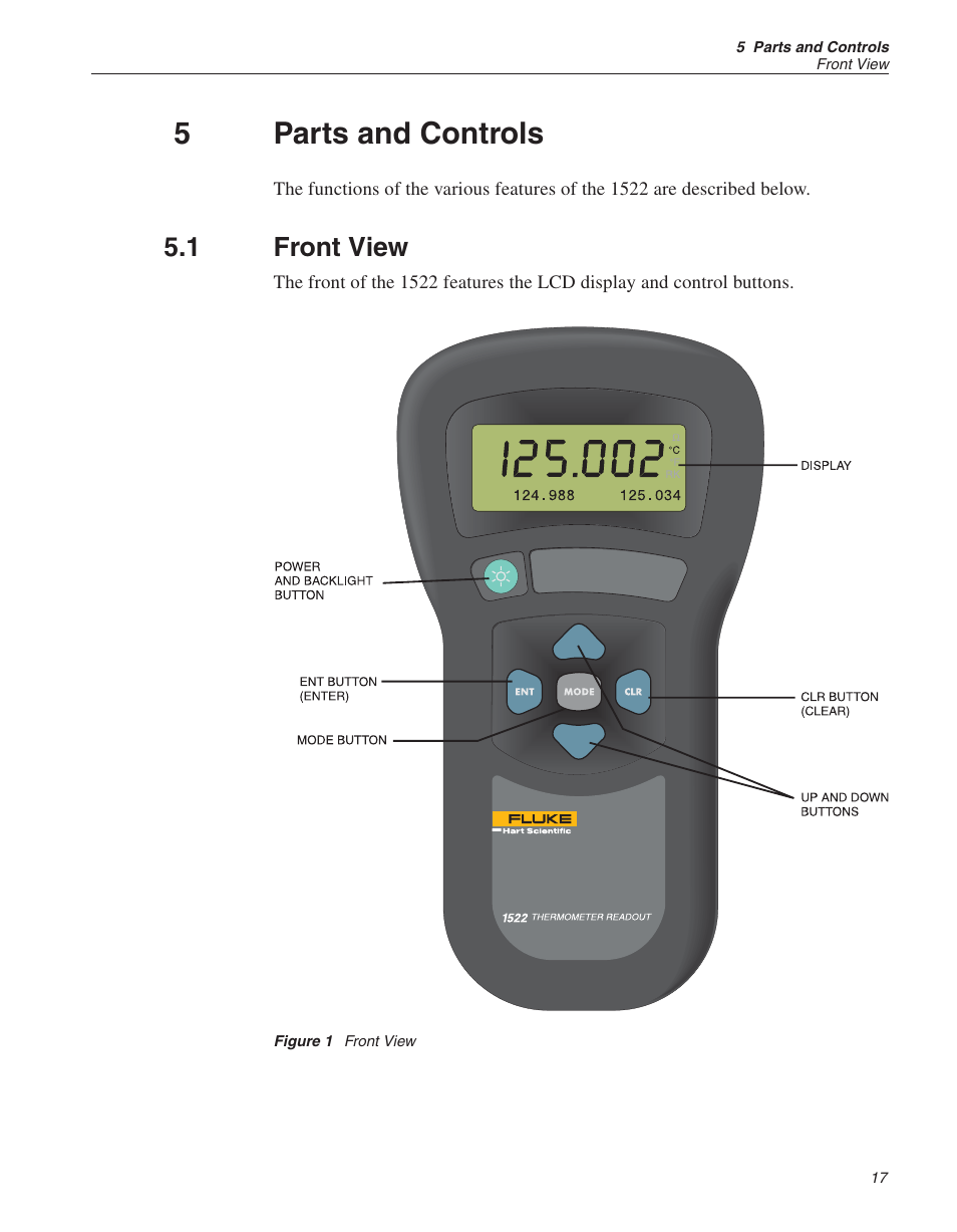 5 parts and controls 17, 1 front view 17, Figure 1 front view 17 | Parts and controls, Front view, Figure 1, 5parts and controls, 1 front view | Fluke 1522 User Manual | Page 19 / 60