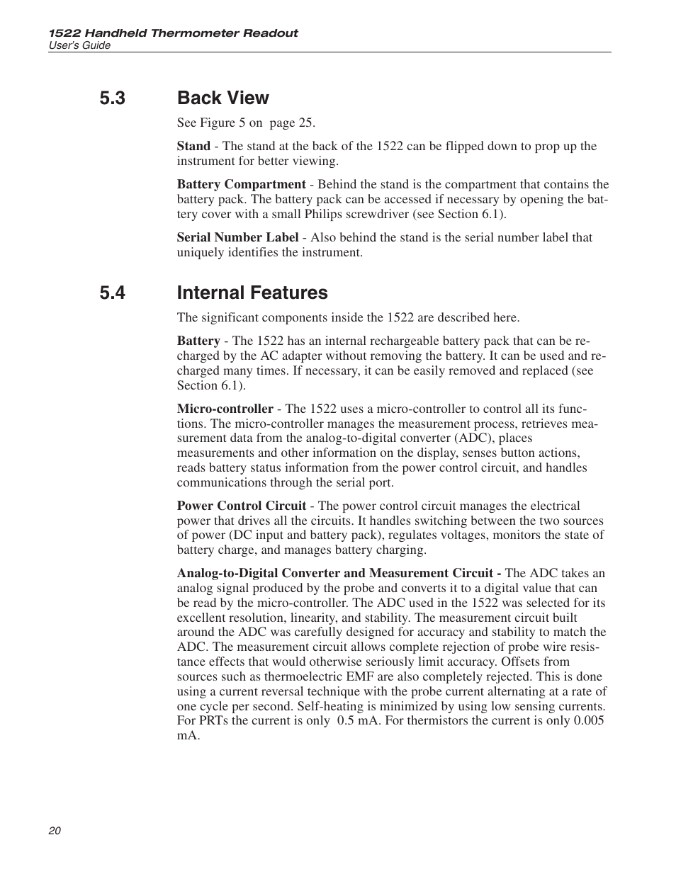 3 back view 20, 4 internal features 20, Back view | Internal features, 3 back view, 4 internal features | Fluke 1522 User Manual | Page 22 / 60