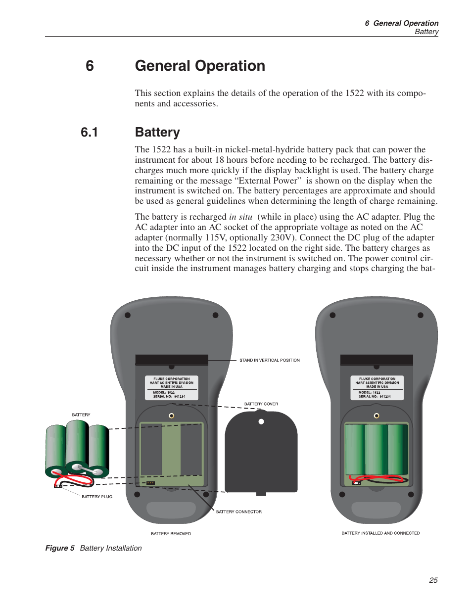 6 general operation 25, 1 battery 25, Figure 5 battery installation 25 | General operation, Battery, Figure 5, Battery installation, 6general operation, 1 battery | Fluke 1522 User Manual | Page 26 / 60