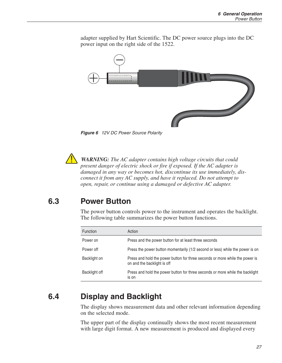 3 power button 27, 4 display and backlight 27, Figure 6 12v dc power source polarity 27 | Power button, Display and backlight, Figure 6, 12v dc power source polarity, 3 power button, 4 display and backlight | Fluke 1522 User Manual | Page 28 / 60