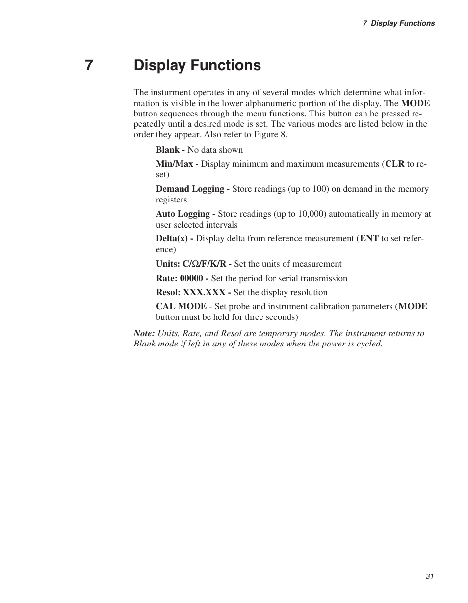 7 display functions 31, Display functions, 7display functions | Fluke 1522 User Manual | Page 32 / 60