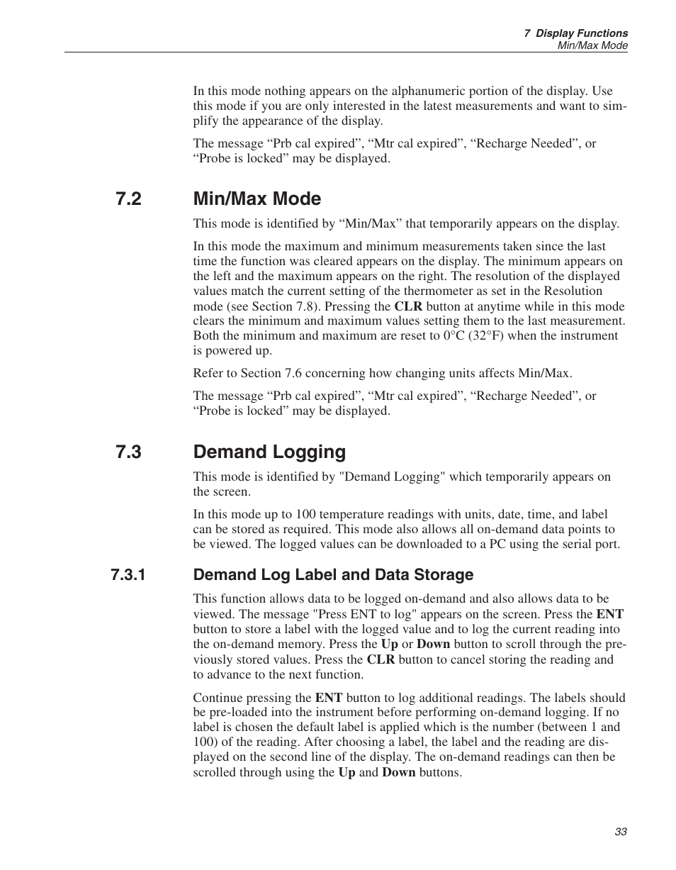 2 min/max mode 33, 3 demand logging 33, 1 demand log label and data storage 33 | Min/max mode, Demand logging, Demand log label and data storage, 2 min/max mode, 3 demand logging | Fluke 1522 User Manual | Page 34 / 60