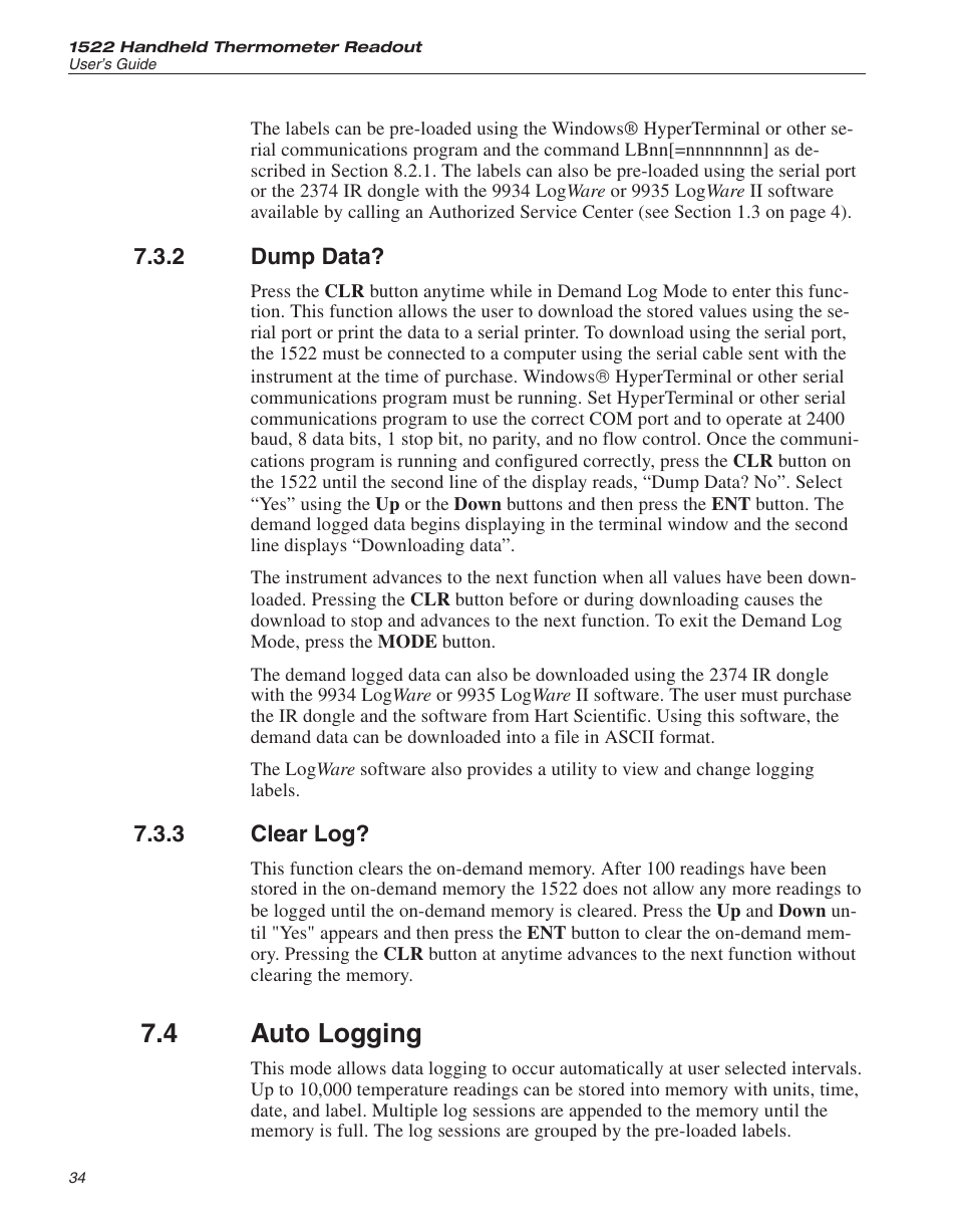 2 dump data? 34, 3 clear log? 34, 4 auto logging 34 | Dump data, Clear log, Auto logging, 4 auto logging | Fluke 1522 User Manual | Page 35 / 60
