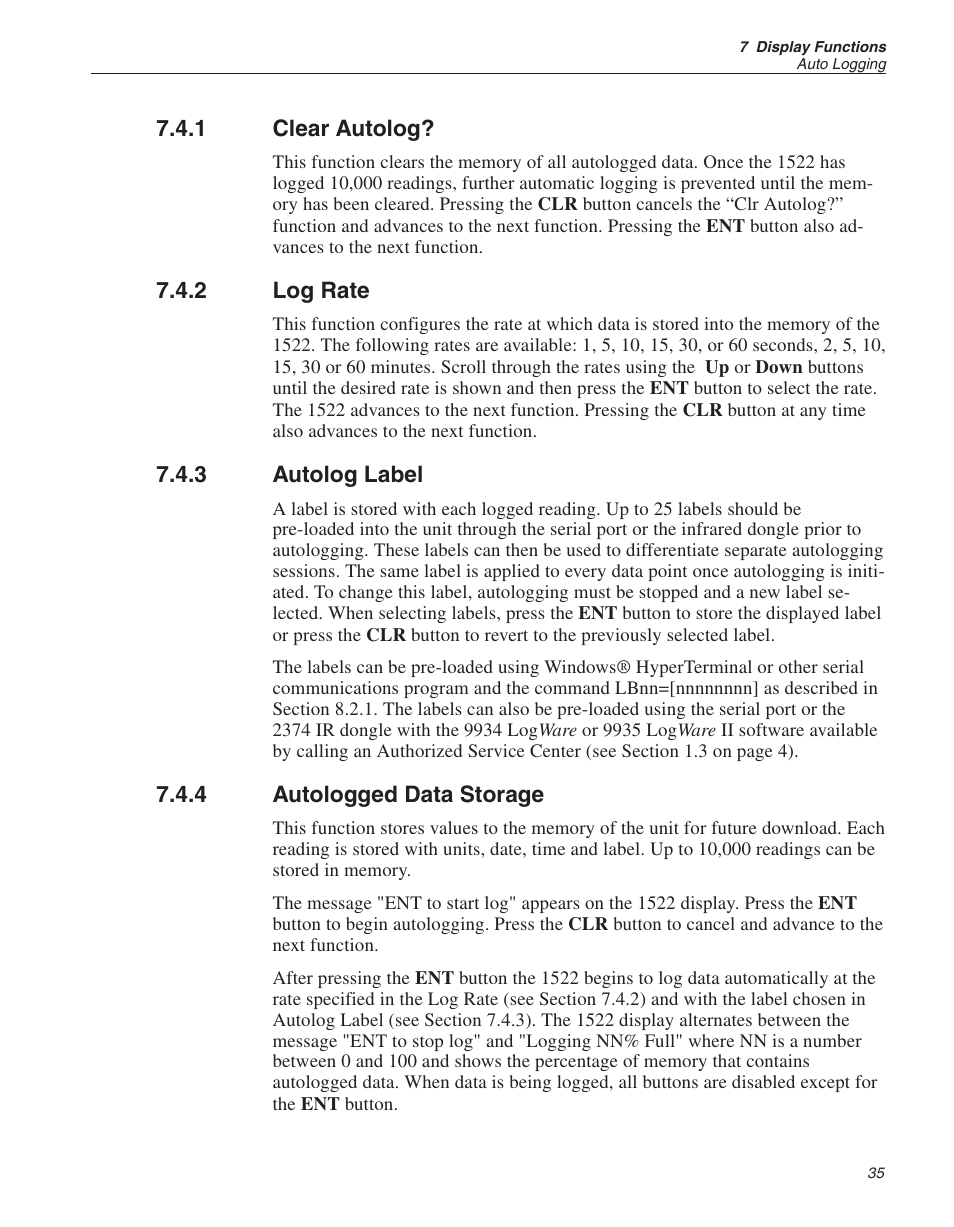 1 clear autolog? 35, 2 log rate 35, 3 autolog label 35 | 4 autologged data storage 35, Clear autolog, Log rate, Autolog label, Autologged data storage | Fluke 1522 User Manual | Page 36 / 60