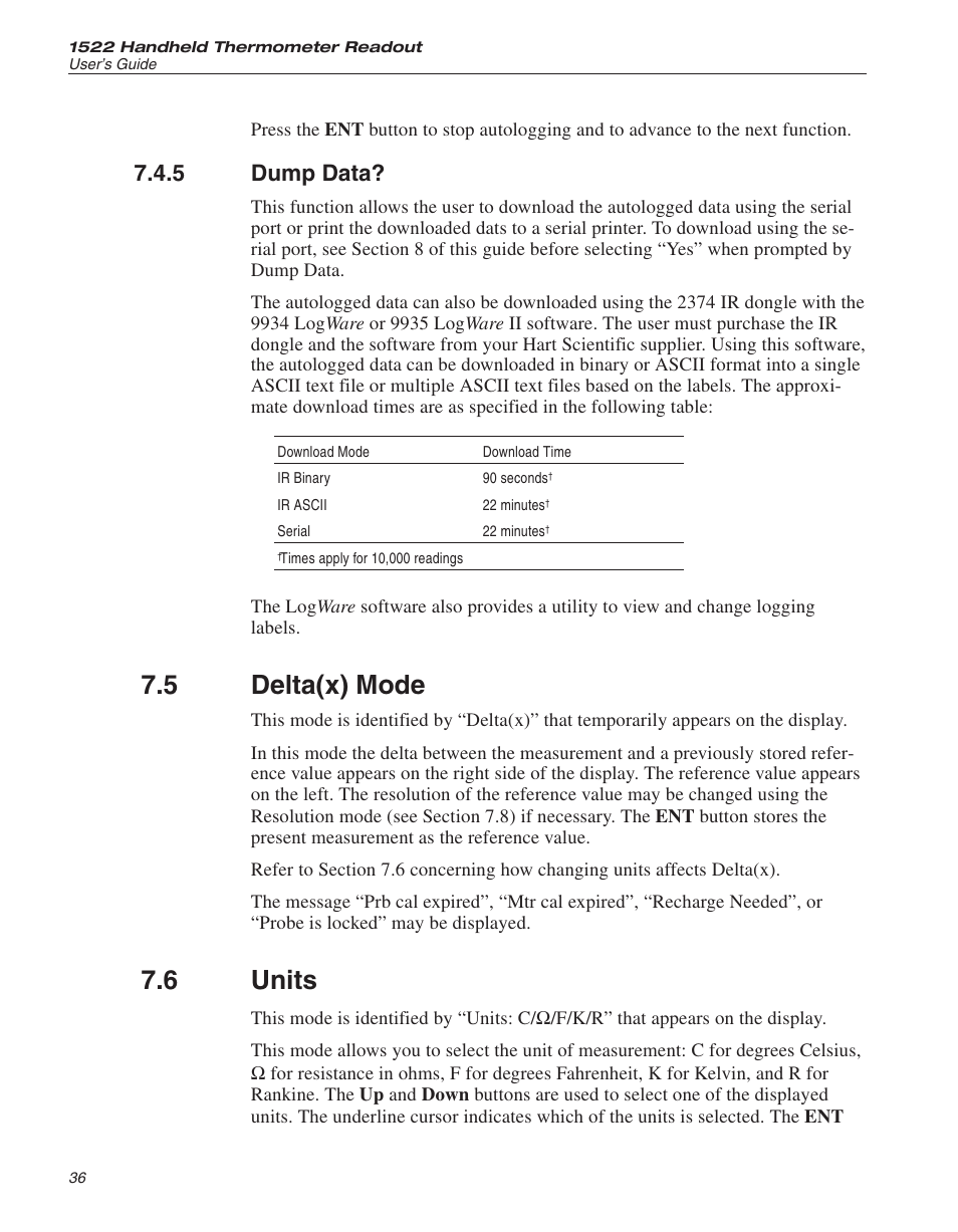 5 dump data? 36, 5 delta(x) mode 36, 6 units 36 | Dump data, Delta(x) mode, Units, 5 delta(x) mode, 6 units, 5 dump data | Fluke 1522 User Manual | Page 37 / 60