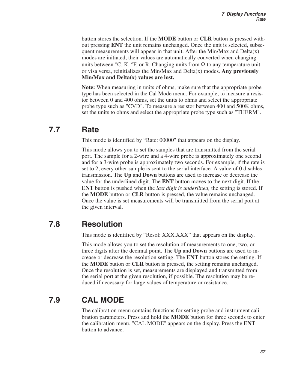 7 rate 37, 8 resolution 37, 9 cal mode 37 | Rate, Resolution, Cal mode, 7 rate, 8 resolution, 9 cal mode | Fluke 1522 User Manual | Page 38 / 60