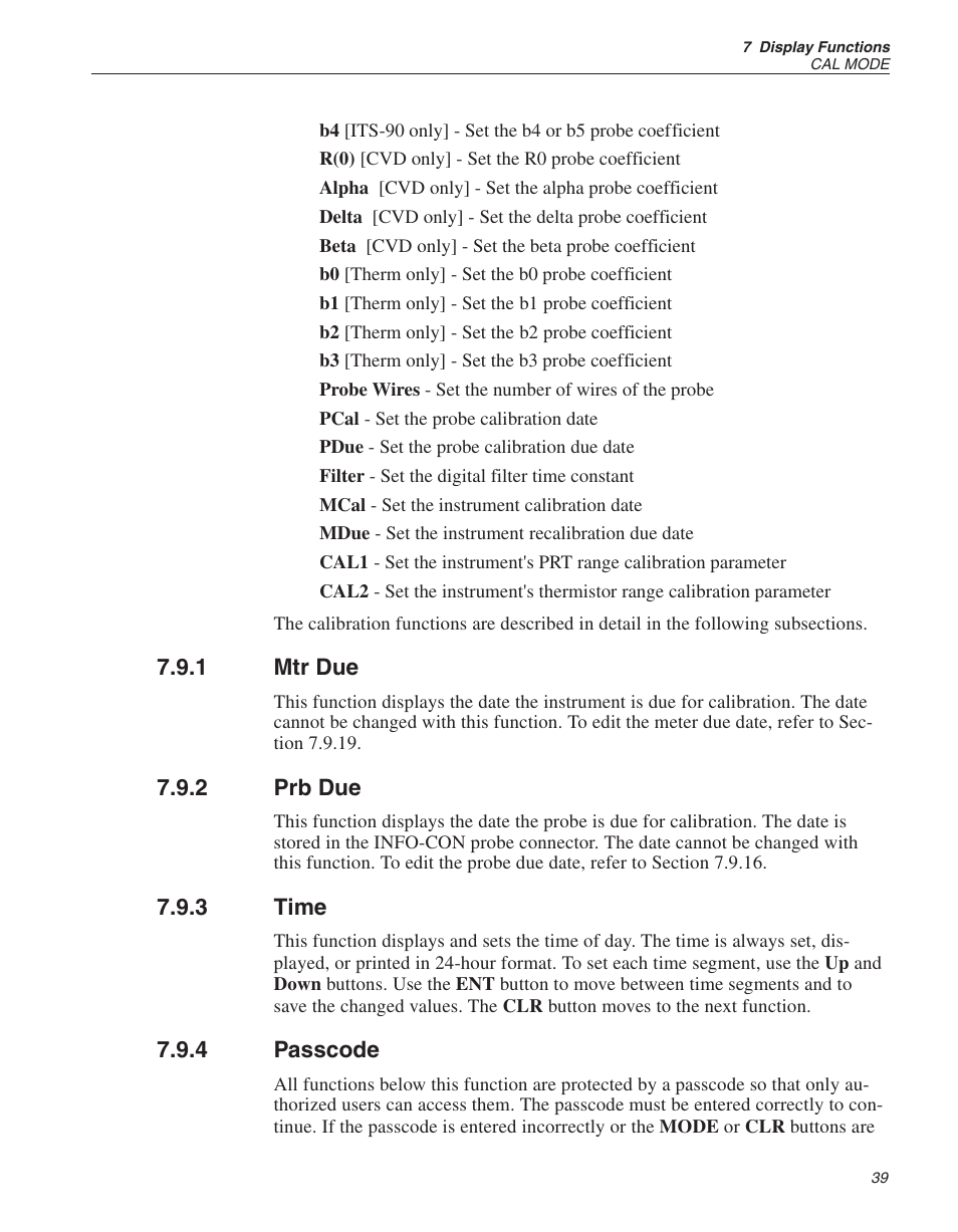 1 mtr due 39, 2 prb due 39, 3 time 39 | 4 passcode 39, Mtr due, Prb due, Time, Passcode | Fluke 1522 User Manual | Page 40 / 60