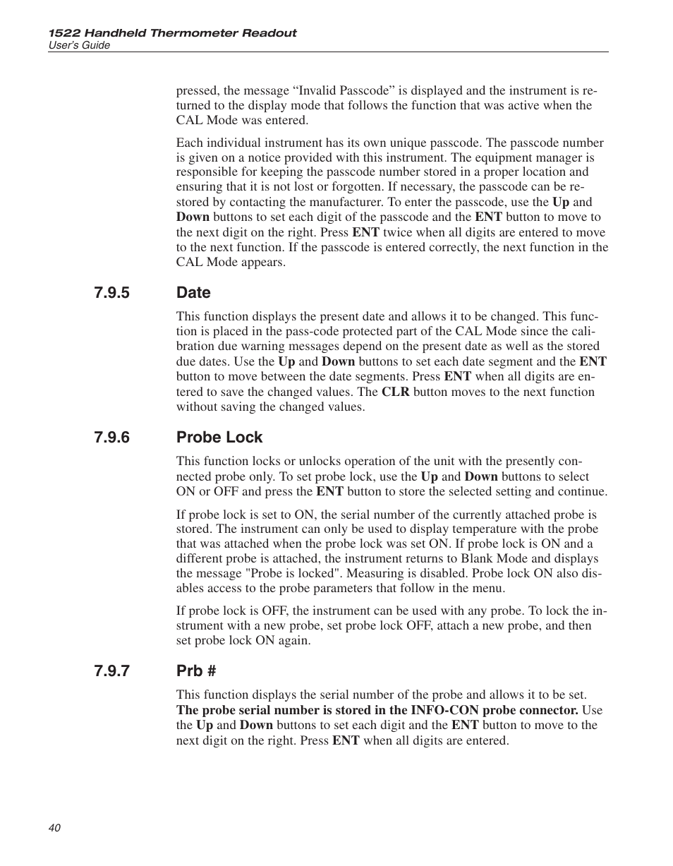 5 date 40, 6 probe lock 40, 7 prb # 40 | Date, Probe lock | Fluke 1522 User Manual | Page 41 / 60