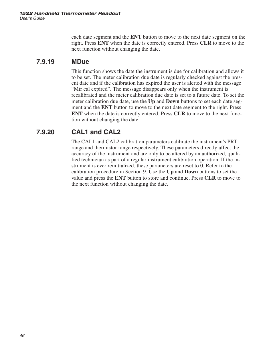 19 mdue 46, 20 cal1 and cal2 46, Mdue | Cal1 and cal2 | Fluke 1522 User Manual | Page 47 / 60