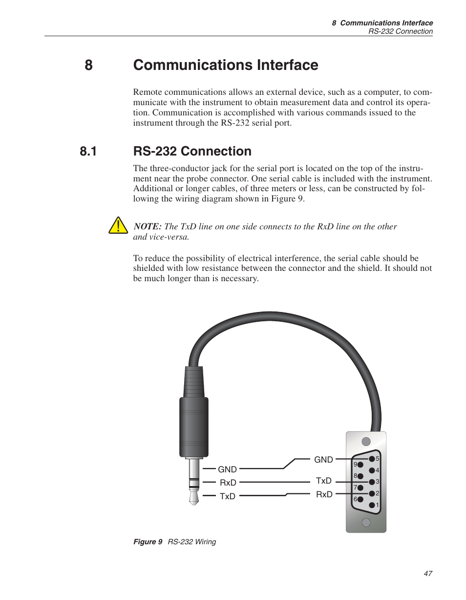 8 communications interface 47, 1 rs-232 connection 47, Figure 9 rs-232 wiring 47 | Communications interface, Rs-232 connection, Figure 9, Rs-232 wiring, 8communications interface, 1 rs-232 connection | Fluke 1522 User Manual | Page 48 / 60