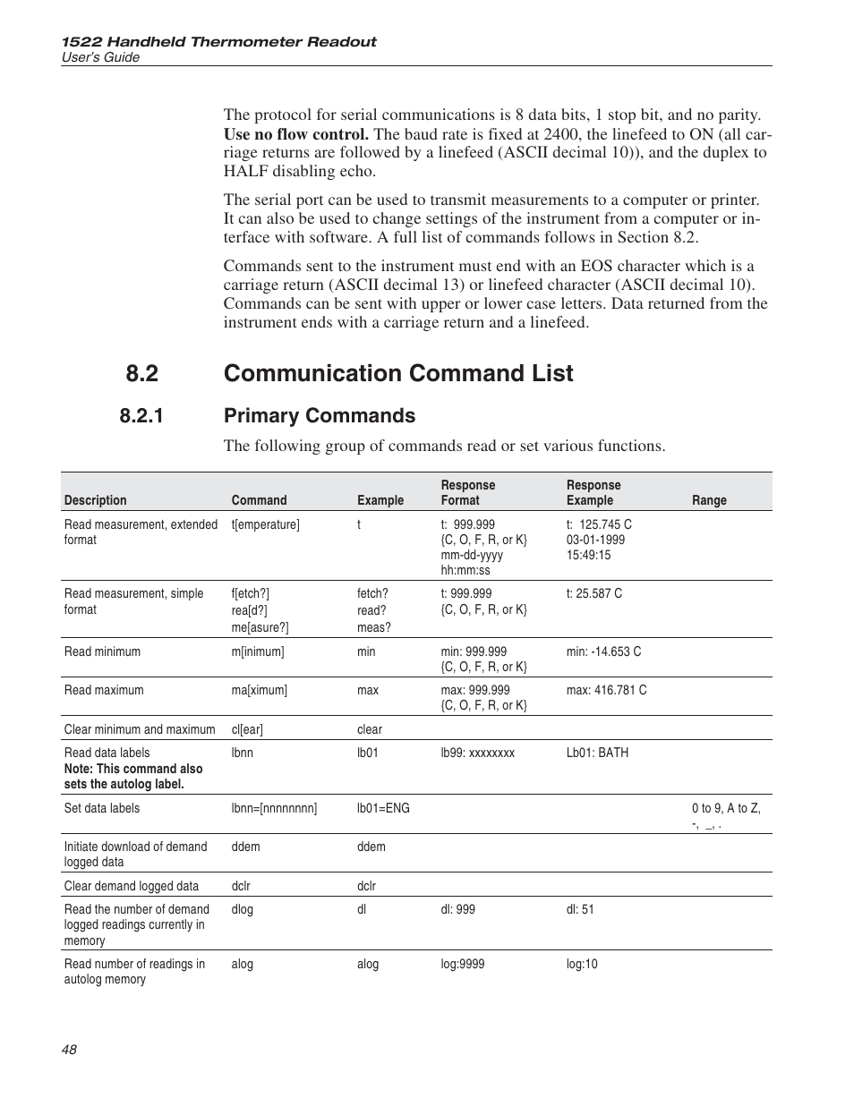2 communication command list 48, 1 primary commands 48, Communication command list | Primary commands, 2 communication command list, 1 primary commands | Fluke 1522 User Manual | Page 49 / 60
