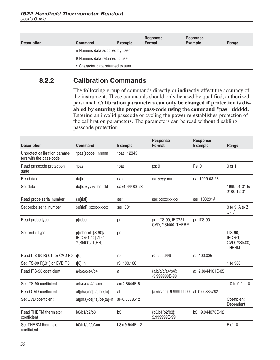 2 calibration commands 50, Calibration commands, 2 calibration commands | Fluke 1522 User Manual | Page 51 / 60