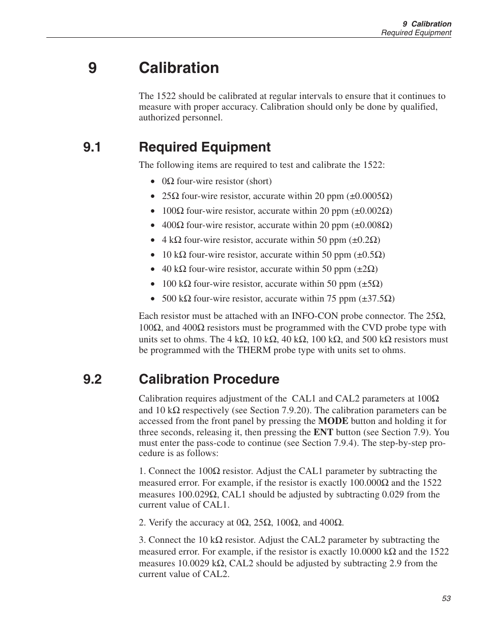 9 calibration 53, 1 required equipment 53, 2 calibration procedure 53 | Calibration, Required equipment, Calibration procedure, 9calibration, 1 required equipment, 2 calibration procedure | Fluke 1522 User Manual | Page 53 / 60