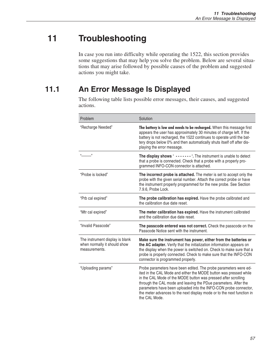 11 troubleshooting 57, 1 an error message is displayed 57, 11 troubleshooting | An error message is displayed, 1 an error message is displayed | Fluke 1522 User Manual | Page 56 / 60