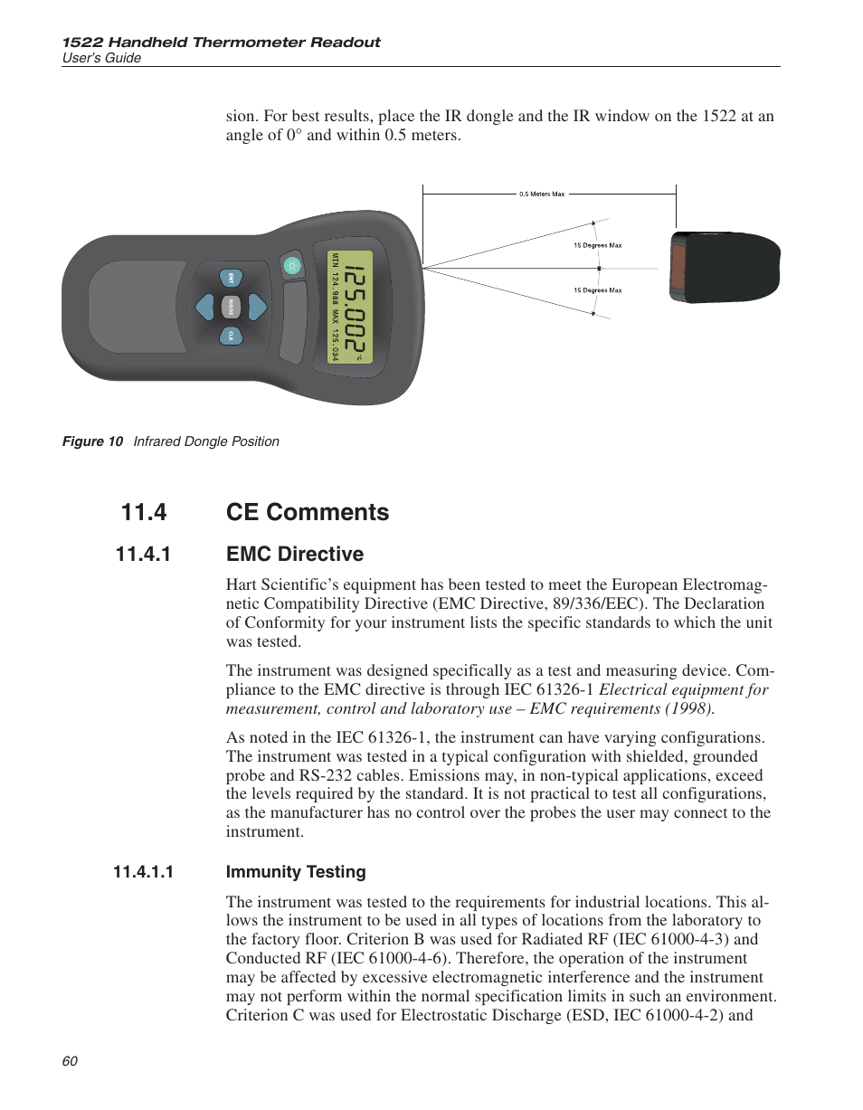 4 ce comments 60, 1 emc directive 60, 1 immunity testing 60 | Figure 10 infrared dongle position 60, Ce comments, Emc directive, Immunity testing, Figure 10, Infrared dongle position, 4 ce comments | Fluke 1522 User Manual | Page 59 / 60