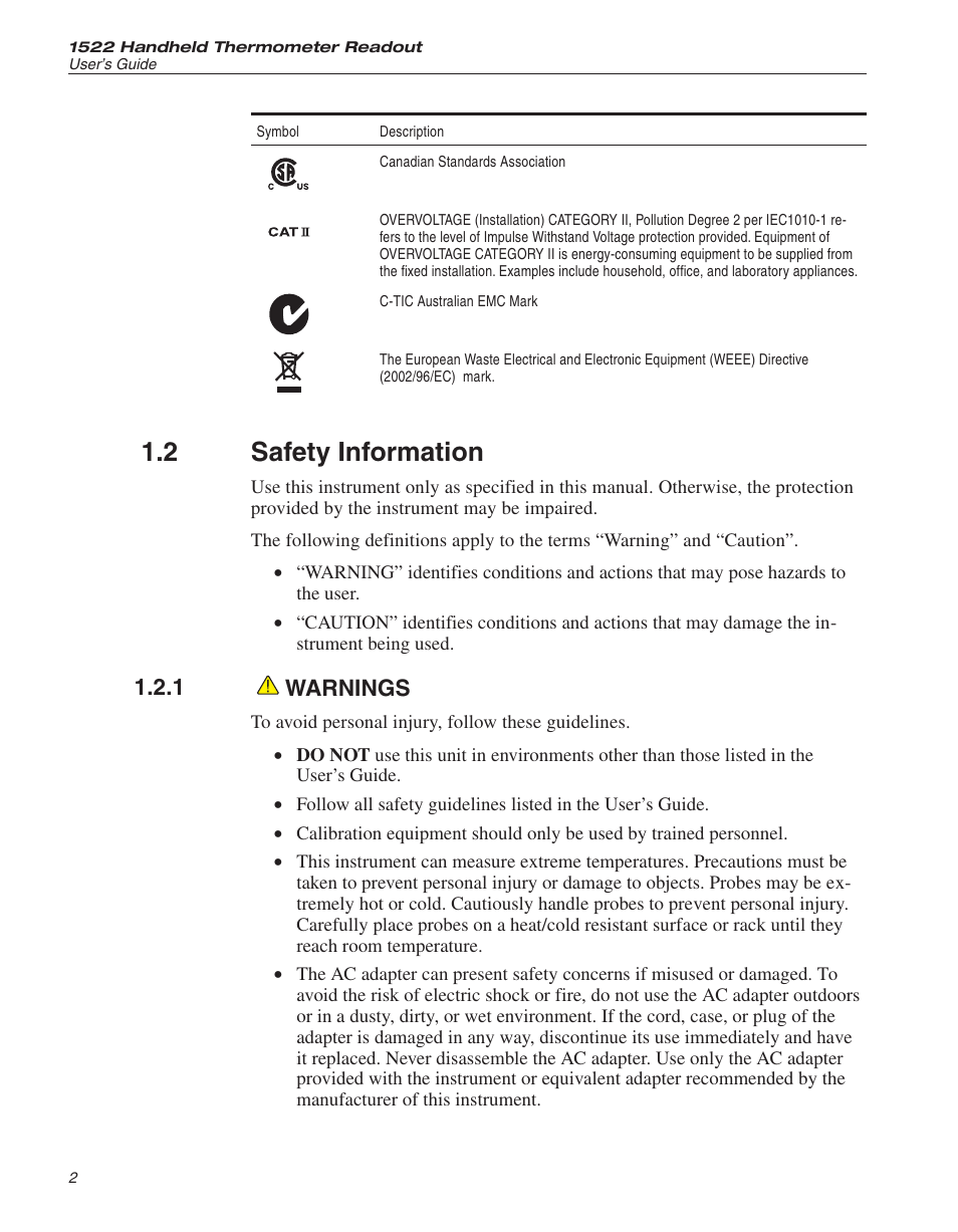 2 safety information 2, 1 warnings 2, Safety information | Warnings, 2 safety information, 1 warnings | Fluke 1522 User Manual | Page 8 / 60
