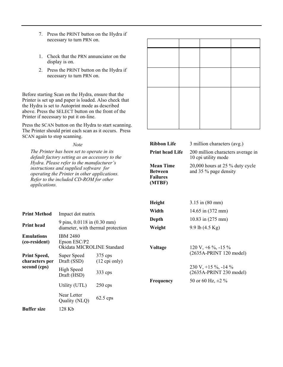 Operation, Specifications | Fluke 2635A-PRINT 120 User Manual | Page 3 / 4