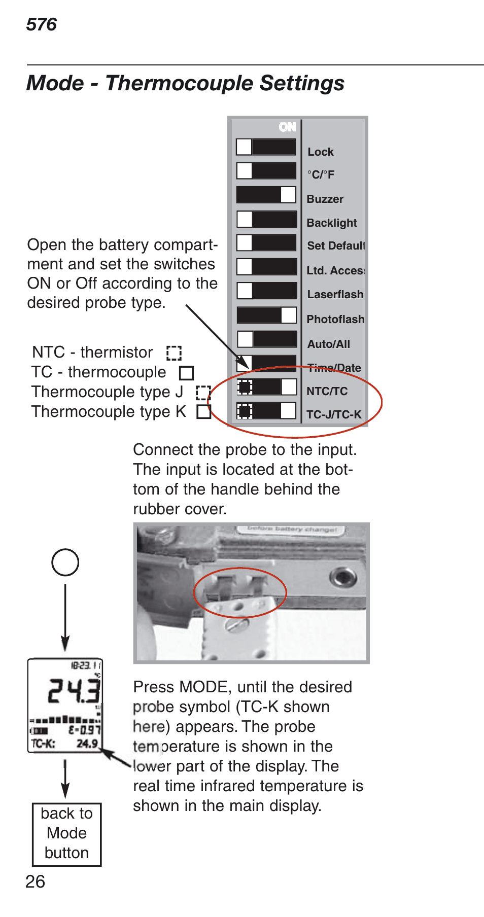 Mode - thermocouple settings | Fluke Thermometer 576 User Manual | Page 26 / 33