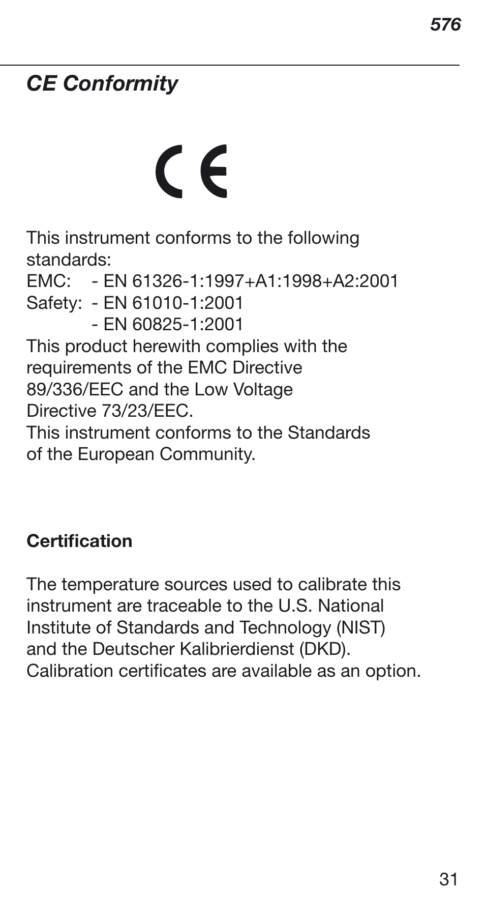 Ce conformity | Fluke Thermometer 576 User Manual | Page 31 / 33
