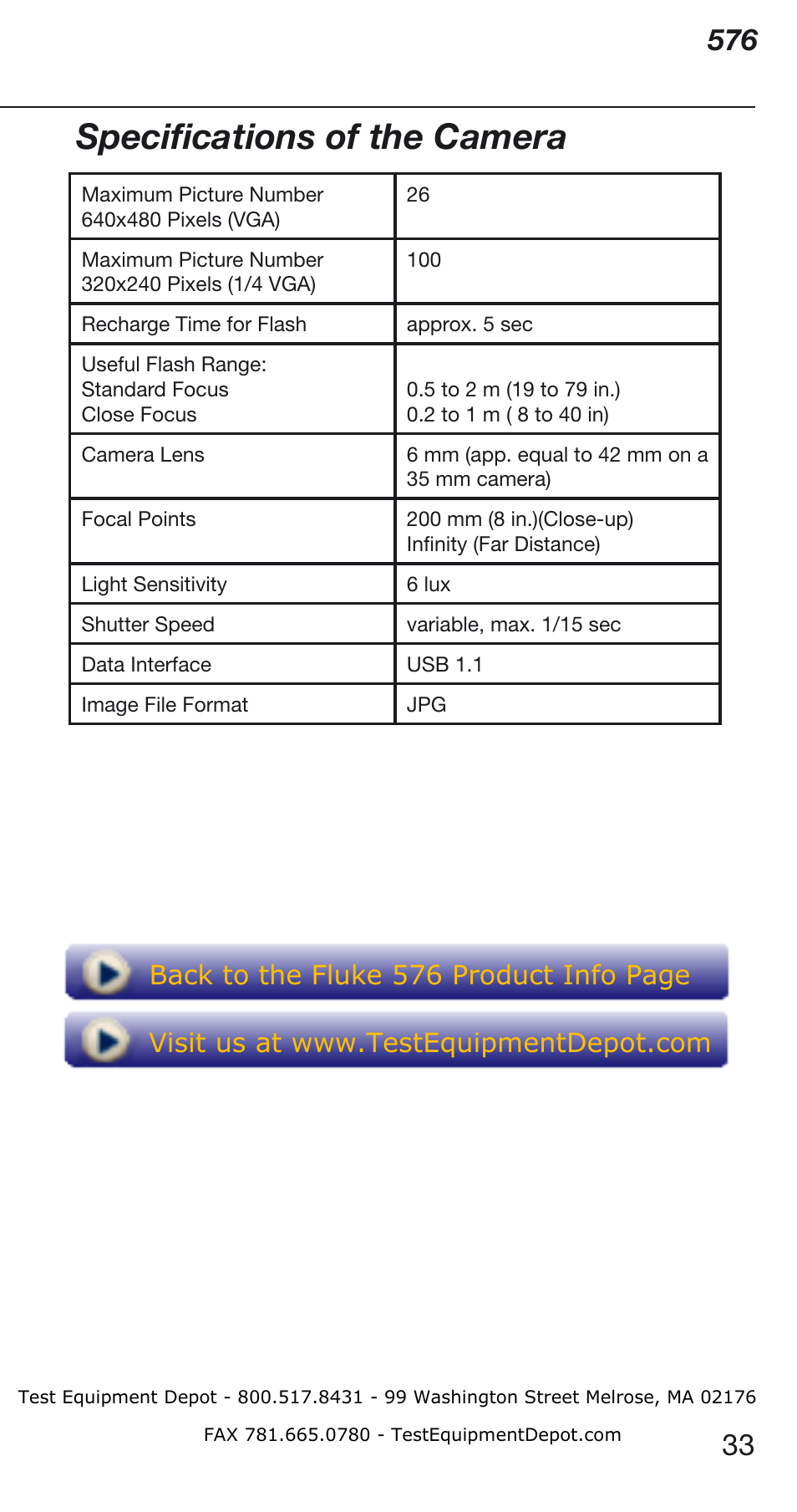 Specifications of the camera, Speciﬁcations of the camera | Fluke Thermometer 576 User Manual | Page 33 / 33