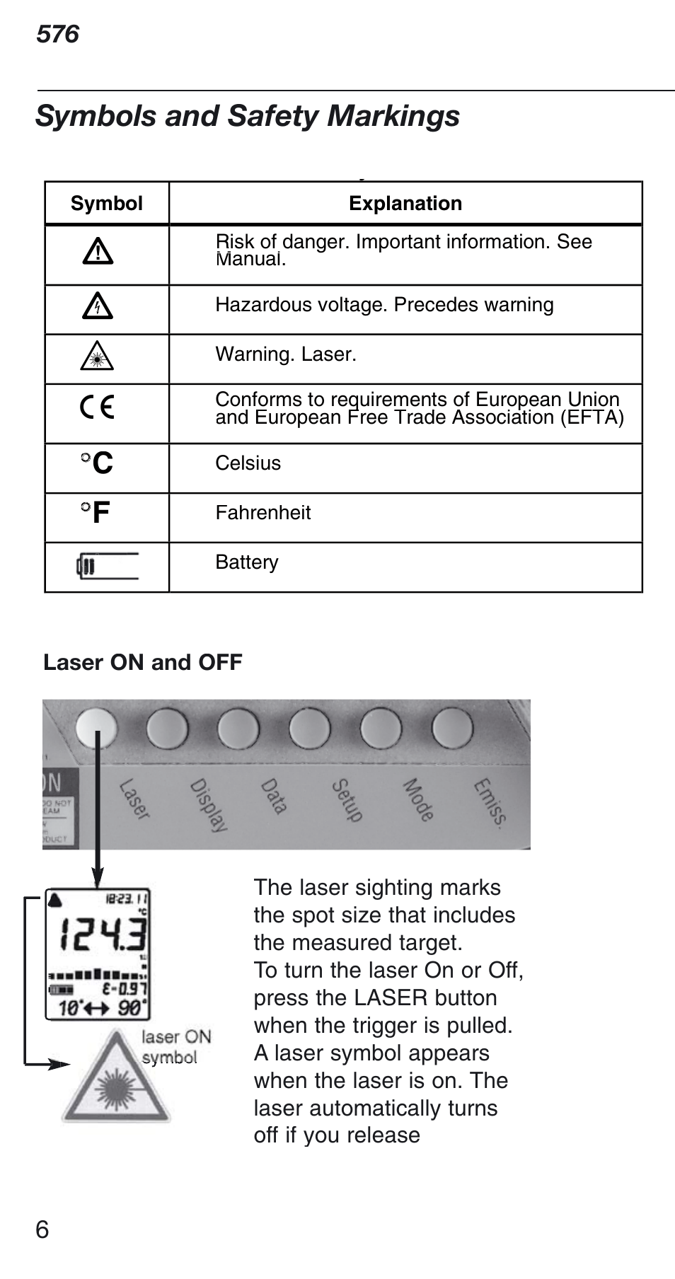 Symbols and safety markings | Fluke Thermometer 576 User Manual | Page 6 / 33