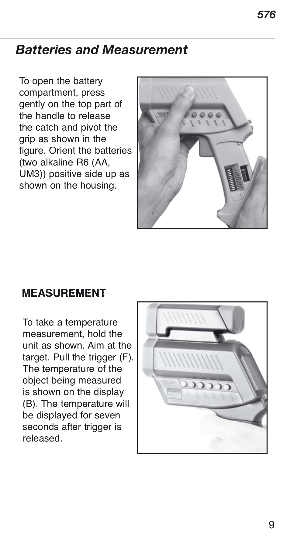 Batteries and measurement | Fluke Thermometer 576 User Manual | Page 9 / 33