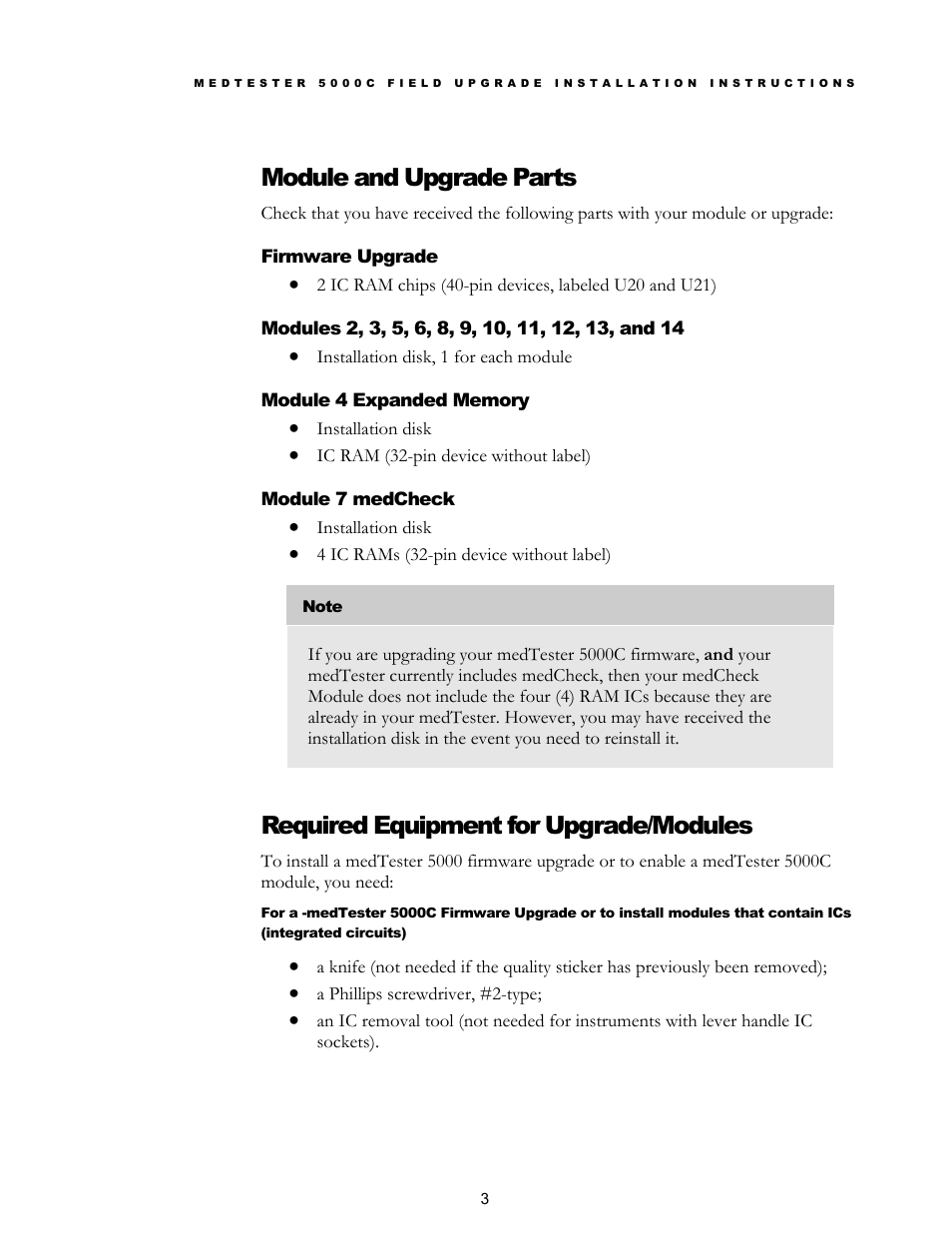 Module and upgrade parts, Required equipment for upgrade/modules | Fluke Network Device MedTester 5000C User Manual | Page 5 / 12