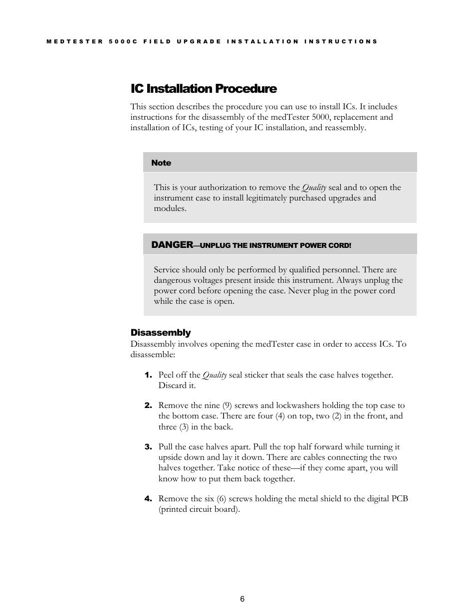 Ic installation procedure, Disassembly | Fluke Network Device MedTester 5000C User Manual | Page 8 / 12