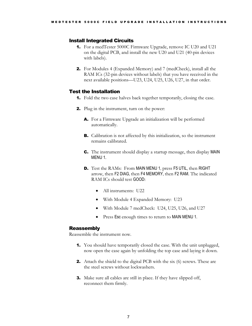 Install integrated circuits, Test the installation, Reassembly | Fluke Network Device MedTester 5000C User Manual | Page 9 / 12