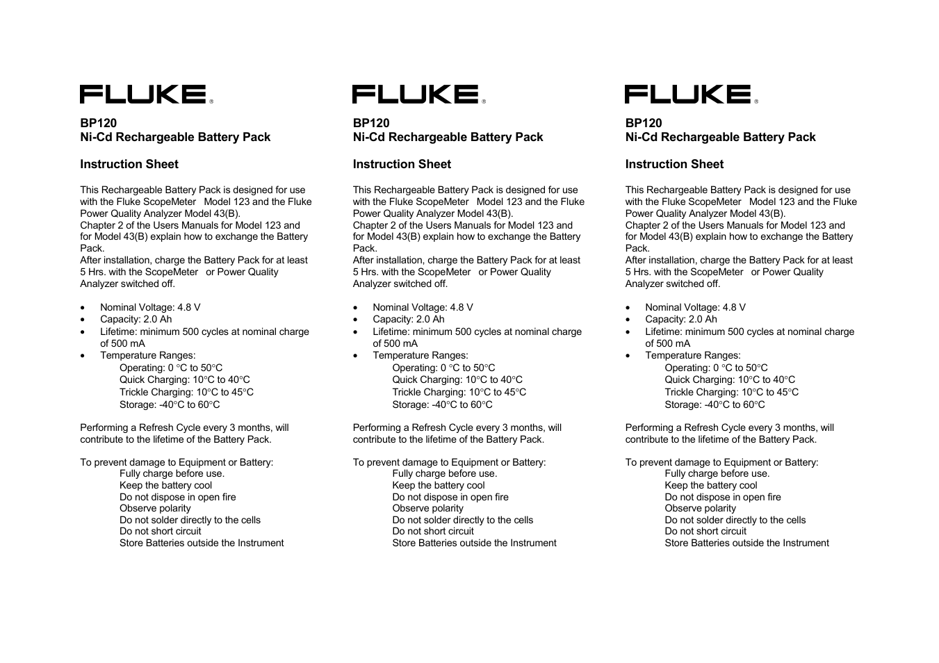 Fluke BP120 User Manual | 2 pages
