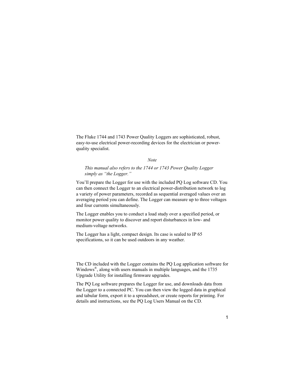 Power quality logger, Introduction, Information and pc software cd | Fluke 1744 User Manual | Page 10 / 73