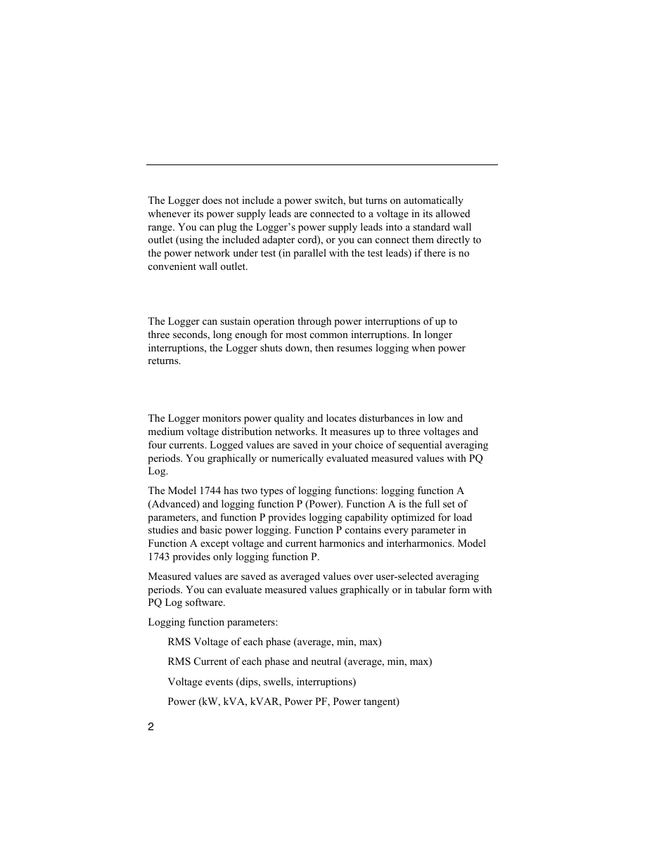 Logger power supply, Power interruptions, Introduction to the logging functions | Fluke 1744 User Manual | Page 11 / 73