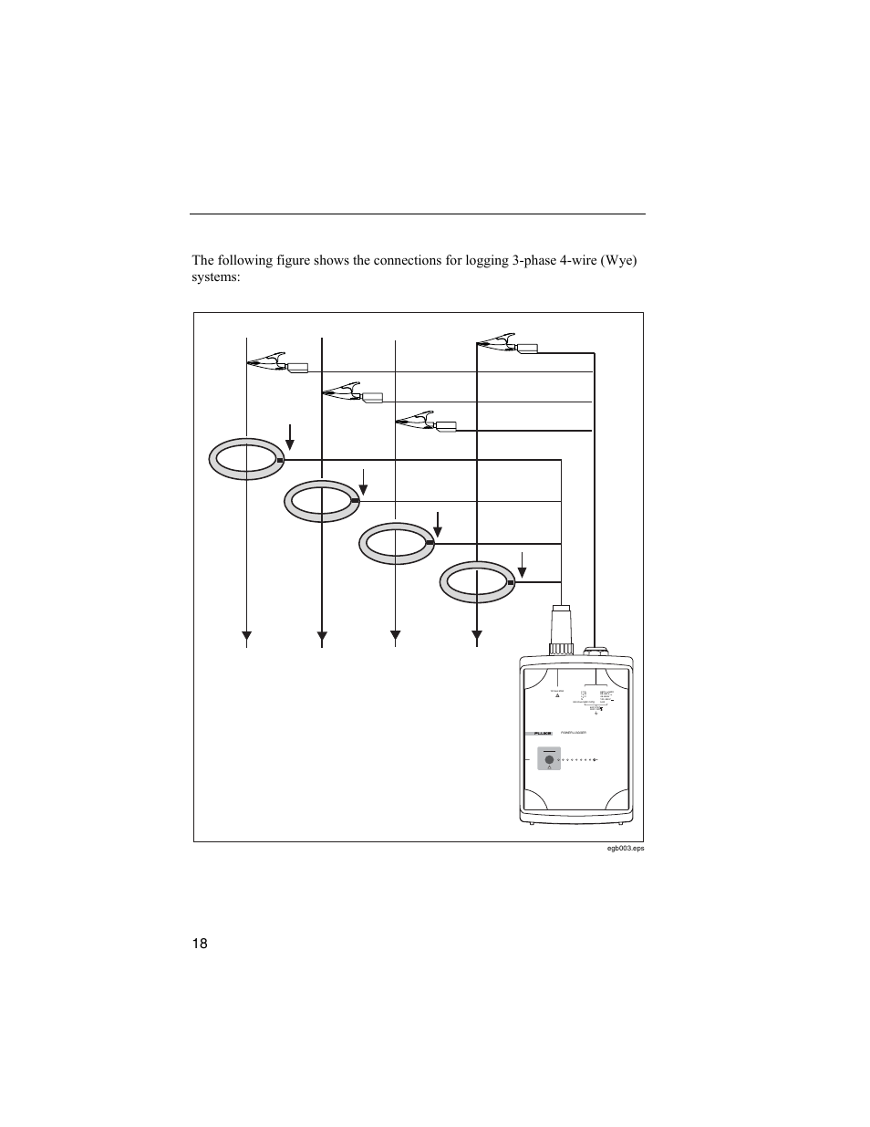 Connections in 3-phase 4-wire (wye) systems, Users manual, L1 l2 l3 n | Figure 4. logging in a 3-phase 4-wire (wye) system | Fluke 1744 User Manual | Page 27 / 73