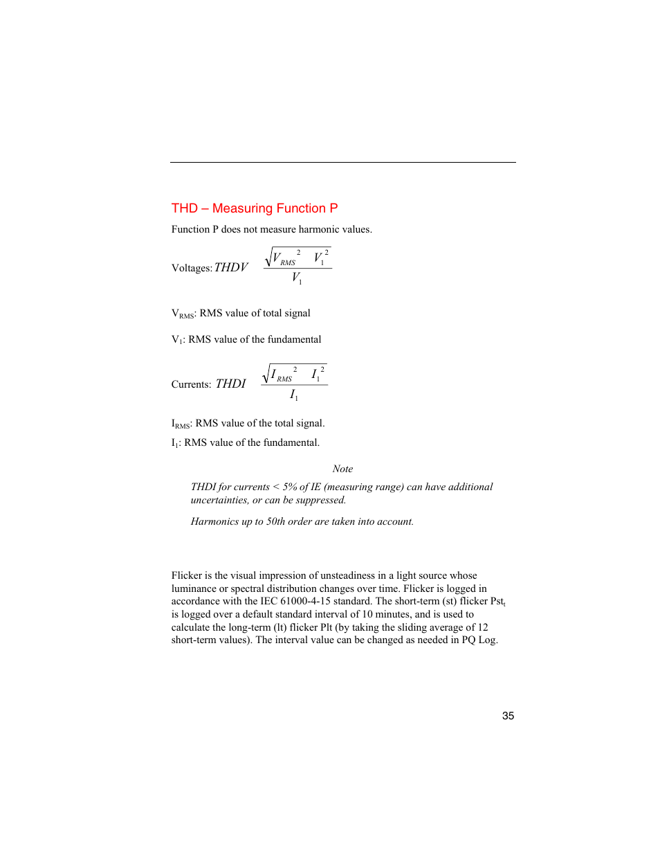 Calculation of thd in measuring function p, Flicker, Vthdv | Ithdi | Fluke 1744 User Manual | Page 44 / 73