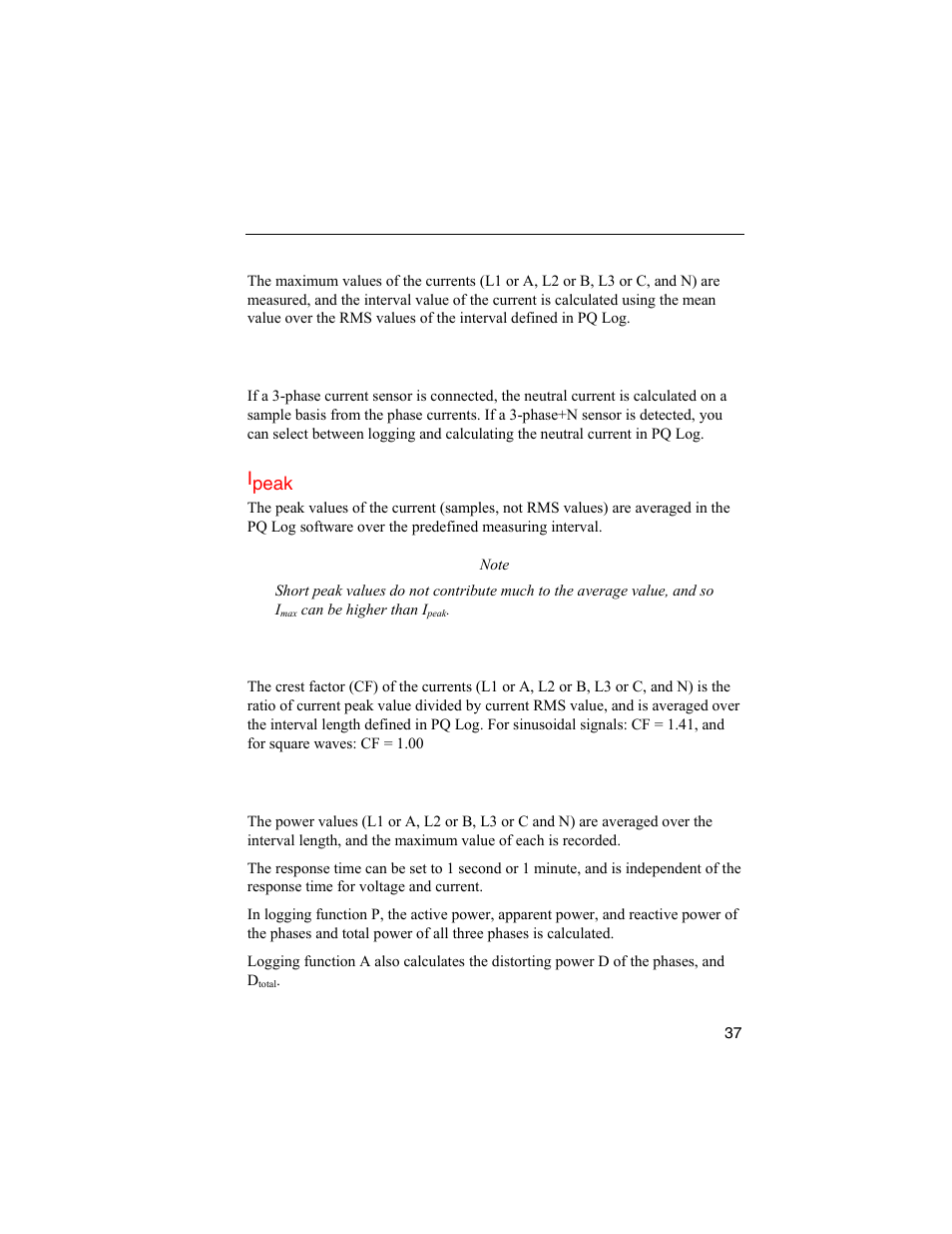 Current logging, Logging function a, Crest factor (cf) | Power | Fluke 1744 User Manual | Page 46 / 73