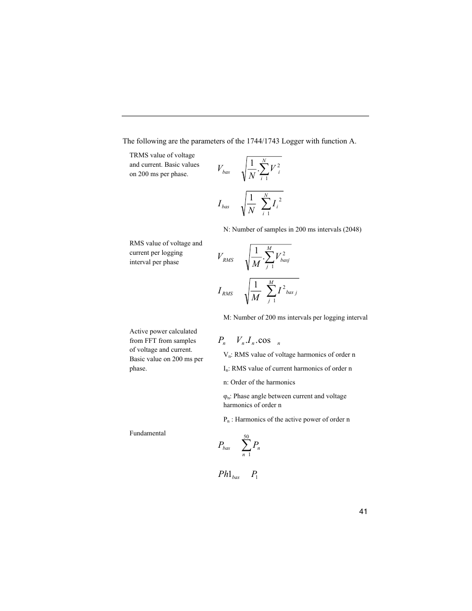 Logger parameters with function a, Vn v, Vm v | Im i, Iv p, 1p ph | Fluke 1744 User Manual | Page 50 / 73