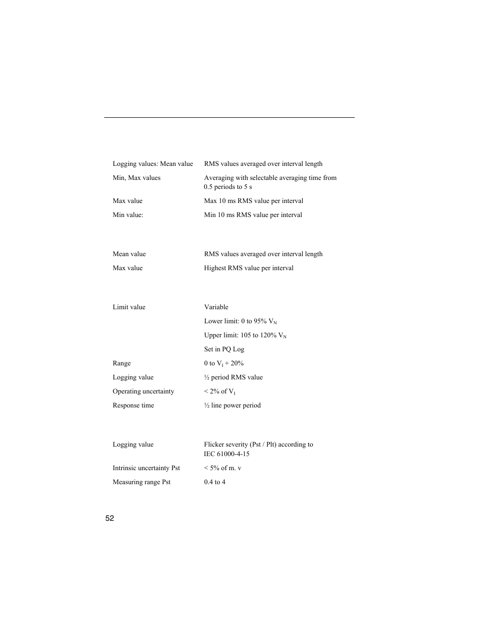 General specifications, Rms logging slow voltage variations, Current logging values | Events dips, swells, interruptions, Flicker | Fluke 1744 User Manual | Page 61 / 73