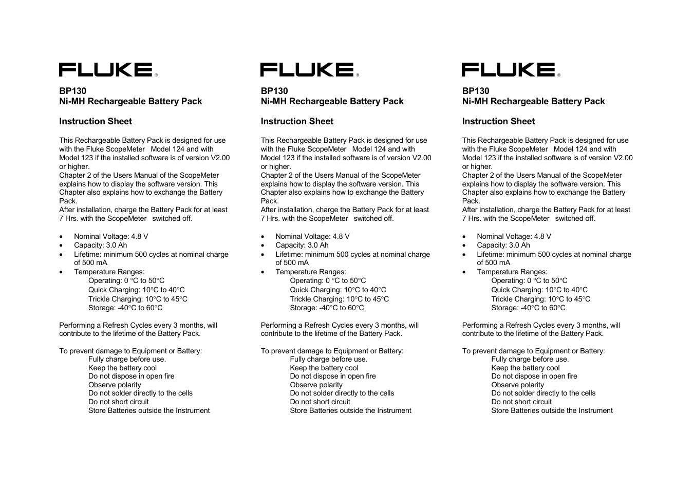 Fluke BP130 User Manual | 2 pages
