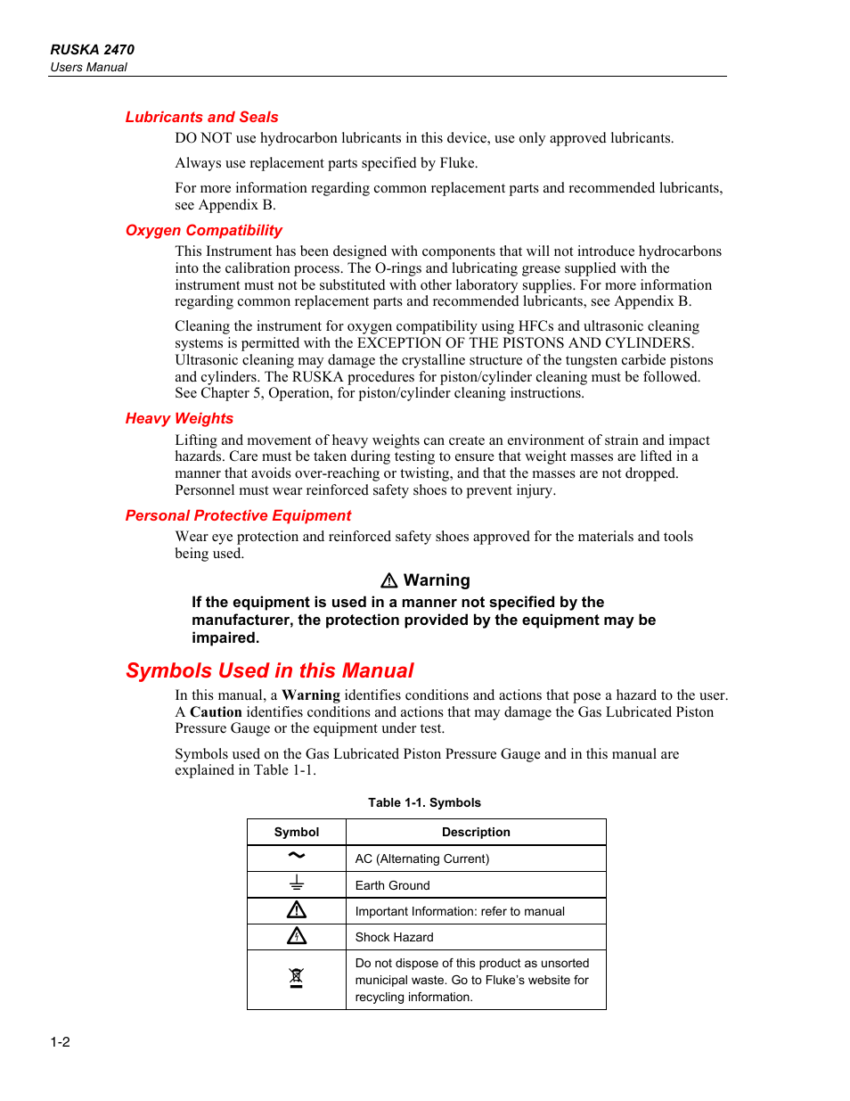 Lubricants and seals, Oxygen compatibility, Heavy weights | Personal protective equipment, Symbols used in this manual | Fluke RUSKA 2470 User Manual | Page 10 / 78